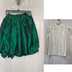 Vintage Dorissa Sport 2pc Set White Lace Top Green Satin Balloon Skirt Set 10